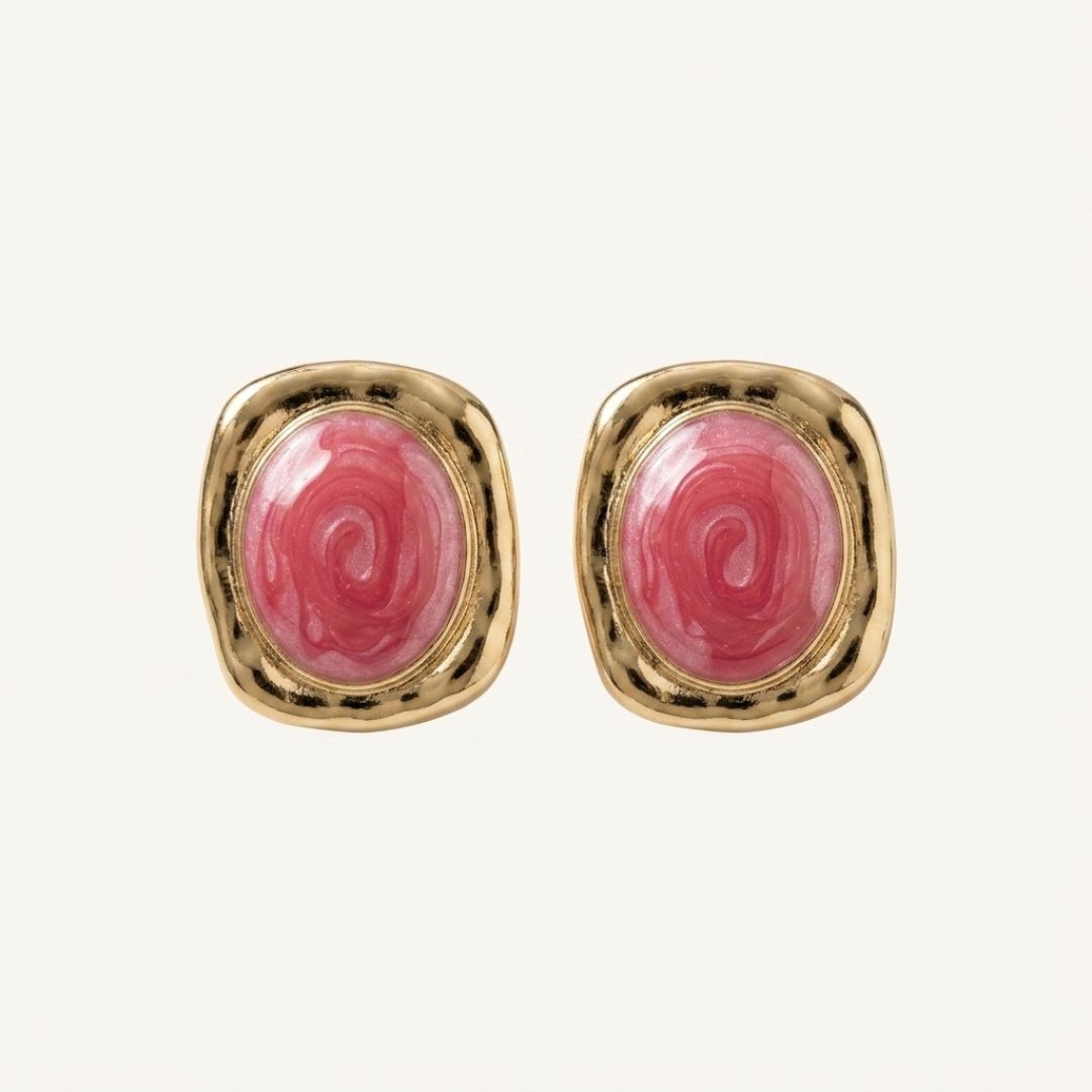 Pink Rose Enamel Stud Earrings for Women | Vintage Gold-Tone Floral Earrings