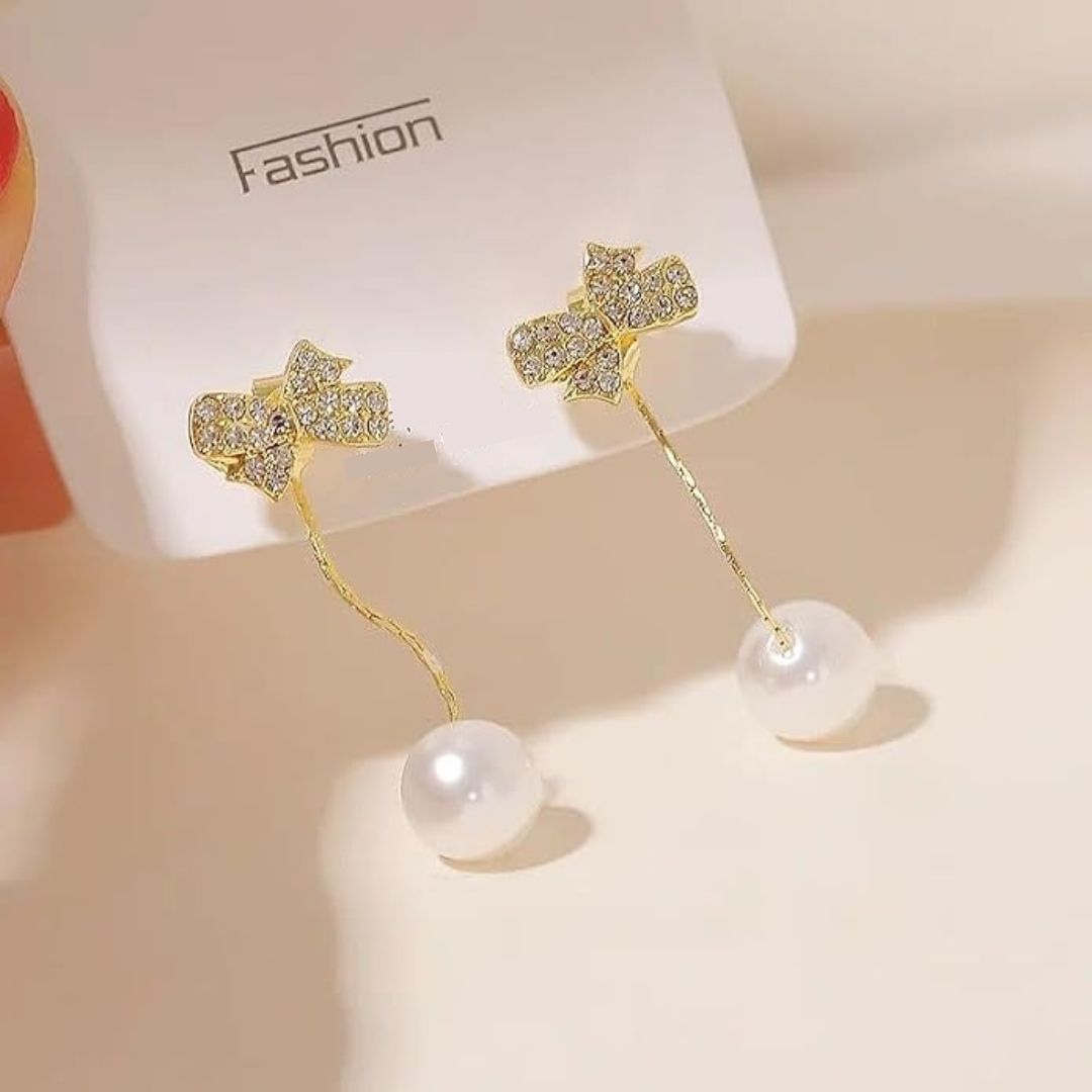 Gold Bow Pearl Tassel Drop Earrings