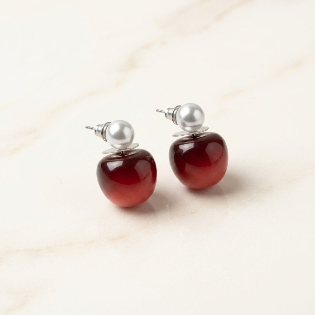 Cherry Pearl Drop Earrings | Minimal Red Bead Statement Earrings