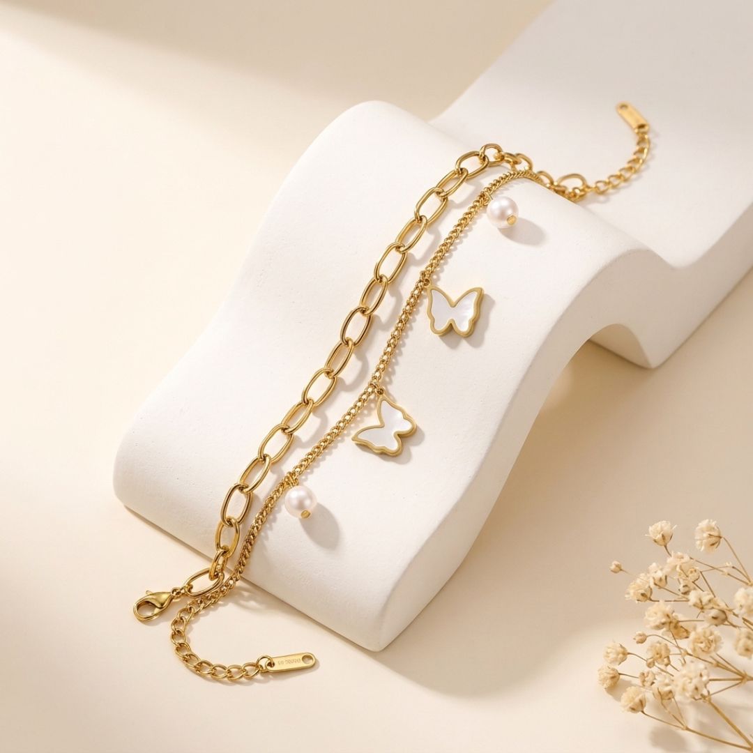 Pearl Butterfly Chain Bracelet for Women | Gold-Tone Layered Charm Bracelet