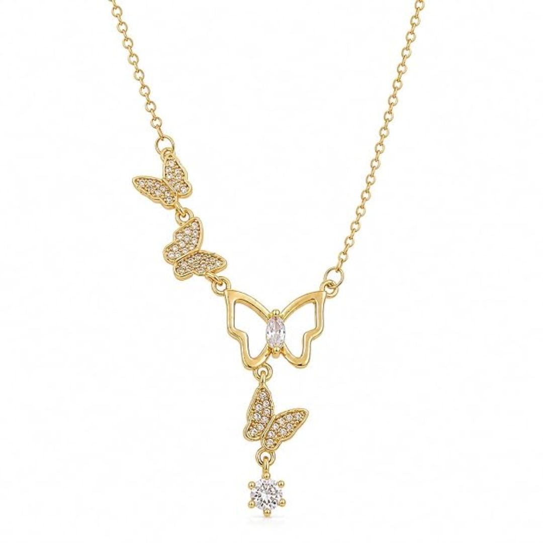 Butterfly Long Anti Tarnish Layered Necklace for Women | Gold Tone Multi-Strand Necklace