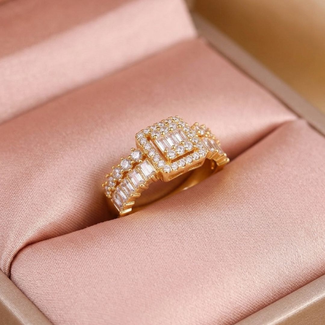 Adjustable Baguette & Halo Statement Ring for Women | Gold Plated CZ Ring