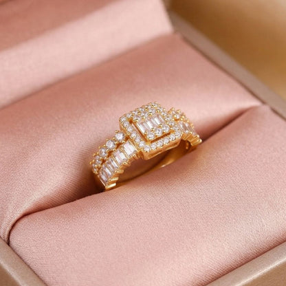 Adjustable Baguette & Halo Statement Ring for Women | Gold Plated CZ Ring