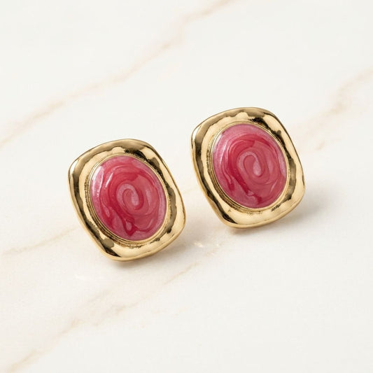 Pink Rose Enamel Stud Earrings for Women | Vintage Gold-Tone Floral Earrings