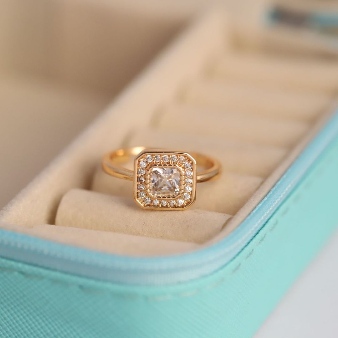 Adjustable Square Halo Solitaire Ring for Women | Gold Plated Cushion Cut CZ Ring