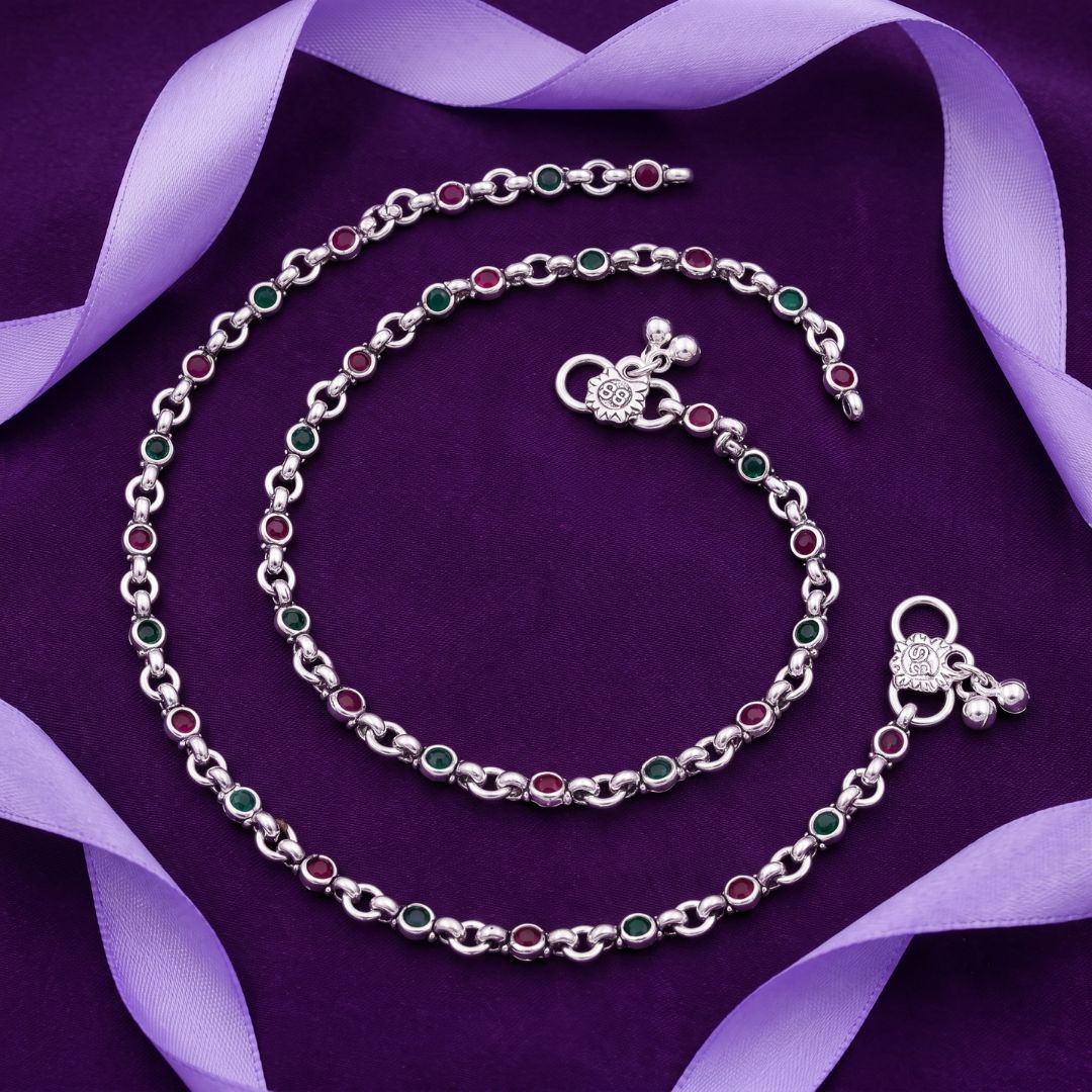 Silver Plated Multicolor Stone Anklet Pair (Payal) for Women | Ruby & Emerald Color Stone Chain Payal