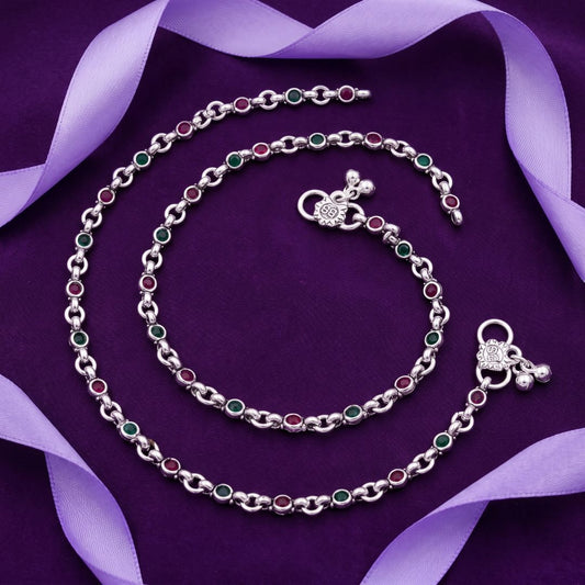 Silver Plated Multicolor Stone Anklet Pair (Payal) for Women | Ruby & Emerald Color Stone Chain Payal