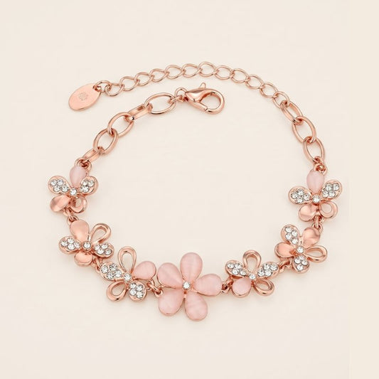 Dainty Rose Gold Pink Cat's Eye Floral Station Bracelet