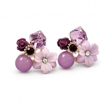 Purple Floral Crystal Stud Earrings | Geometric Rhinestone Flower Earrings
