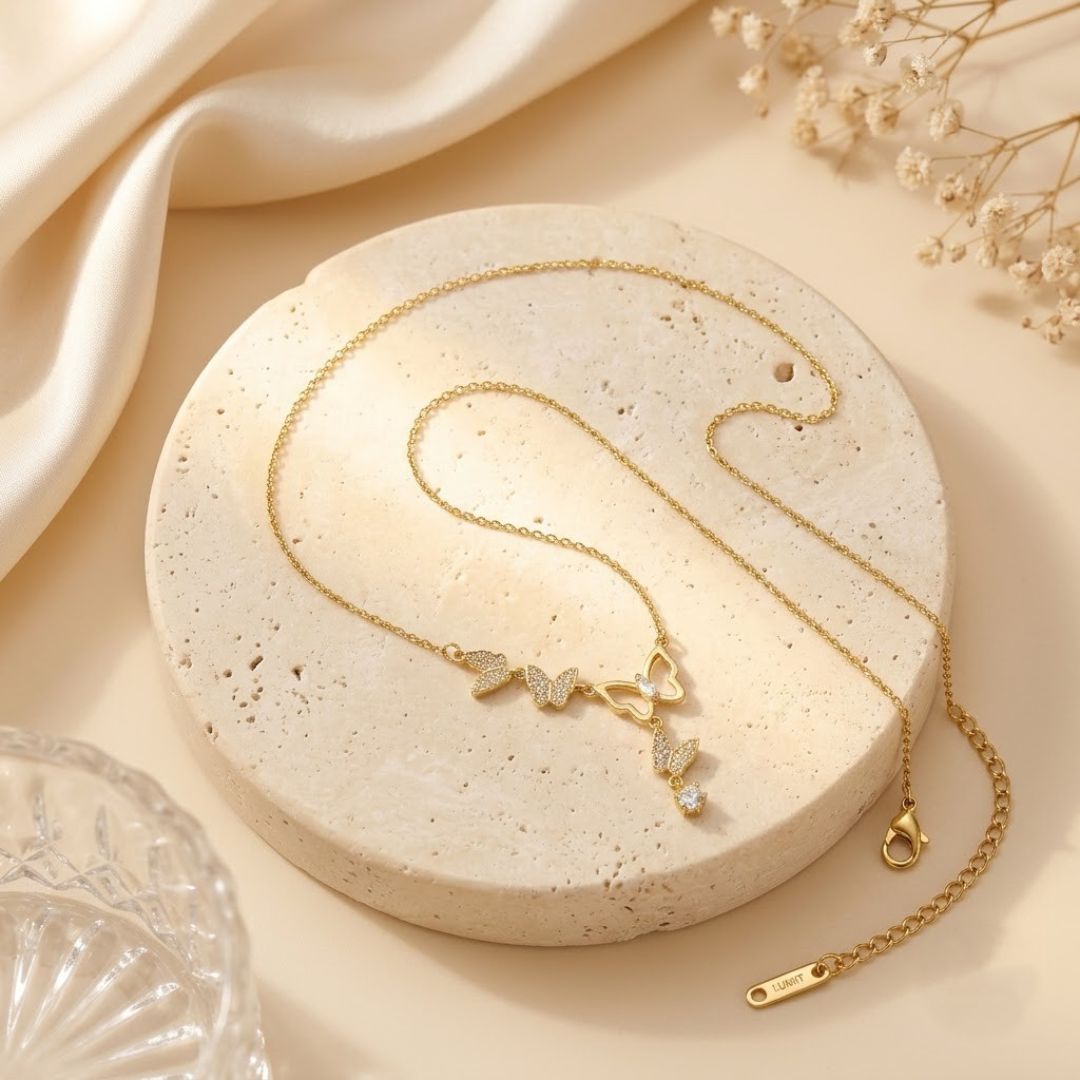 Butterfly Long Anti Tarnish Layered Necklace for Women | Gold Tone Multi-Strand Necklace
