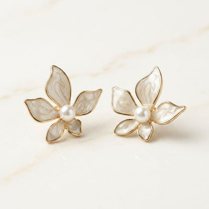Pearl Blossom Enamel Floral Stud Earrings for Women | Elegant Gold-Tone Flower Earrings