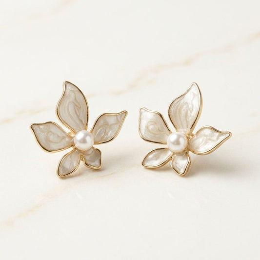 Pearl Blossom Enamel Floral Stud Earrings for Women | Elegant Gold-Tone Flower Earrings