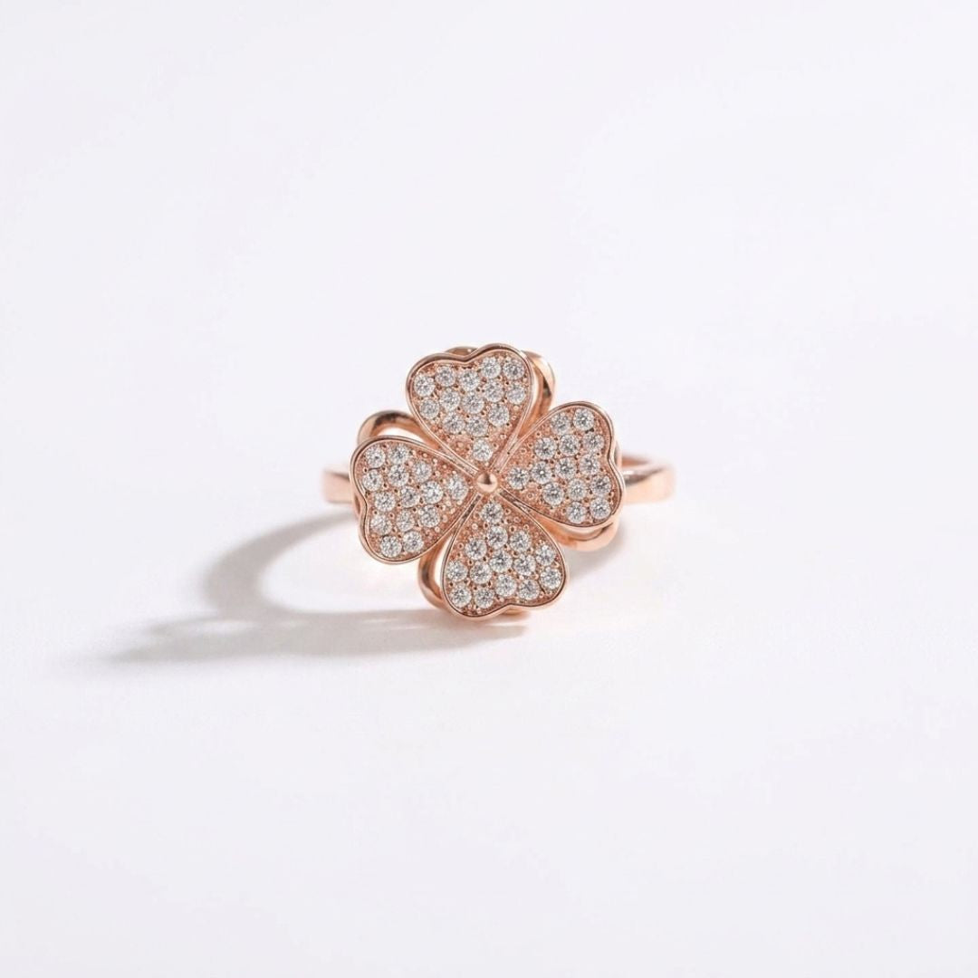 Adjustable Four Leaf Clover Ring for Women | Rose Gold Plated Ring with Sparkling CZ Stones