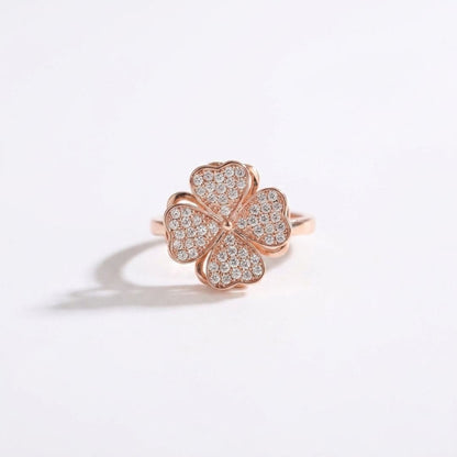 Adjustable Four Leaf Clover Ring for Women | Rose Gold Plated Ring with Sparkling CZ Stones