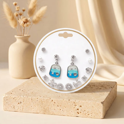 7 Pair Ocean-Inspired Earrings Set | Pearl, Crystal & Beach-Themed Stud Earrings