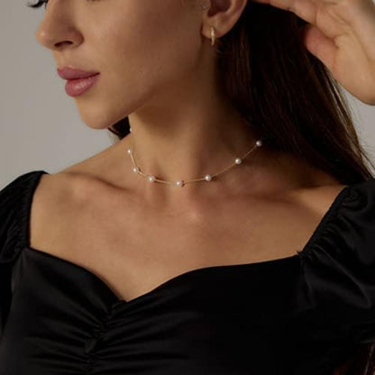 Pearl Station Necklace for Women | Gold Plated Chain with White Pearl Beads