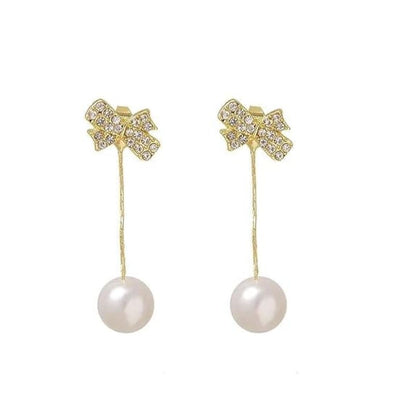 Gold Bow Pearl Tassel Drop Earrings