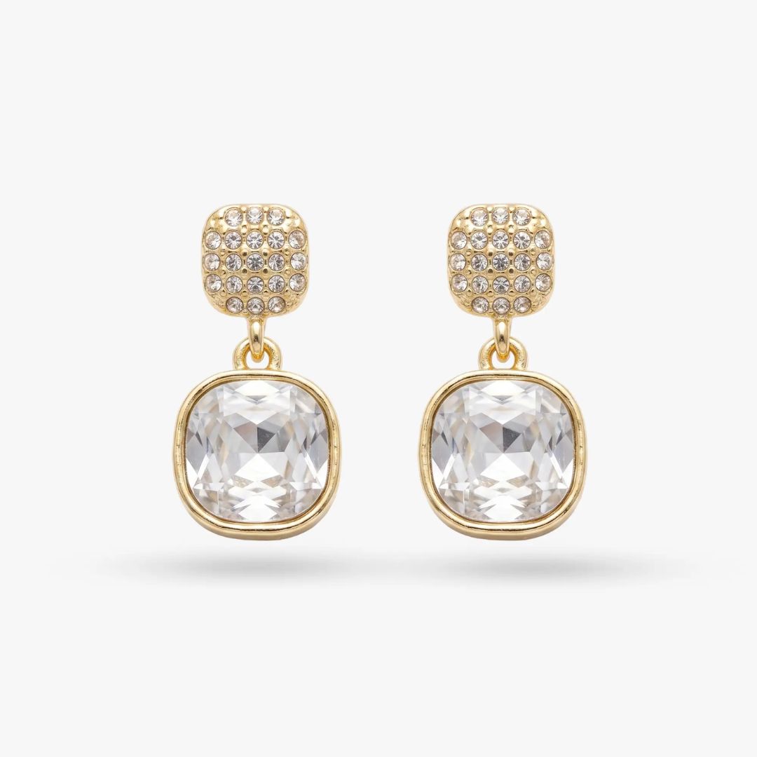 Gold Cushion-Cut Crystal Drop Earrings for Women | Sparkling Statement Earrings