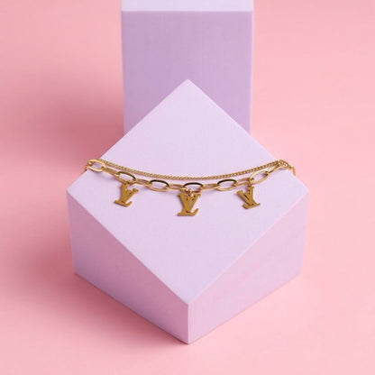 Gold Tone Double Layer Initial Charm Bracelet for Women | Chunky Chain Link Bracelet
