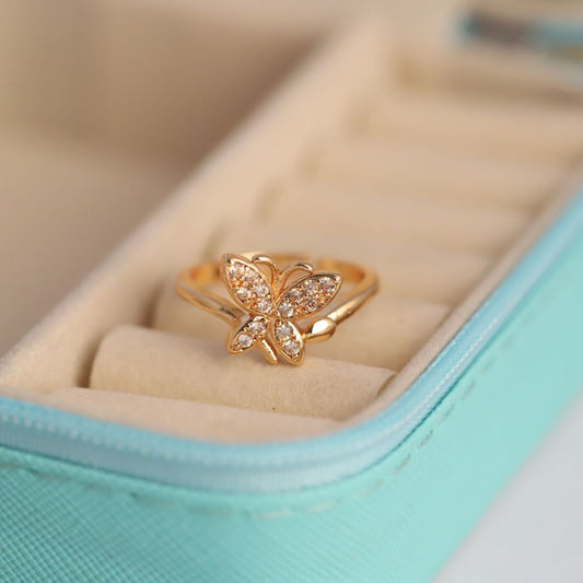 Adjustable Butterfly Ring for Women | Gold Plated Ring with Sparkling CZ Stones | Anti Tarnish Fashion Ring