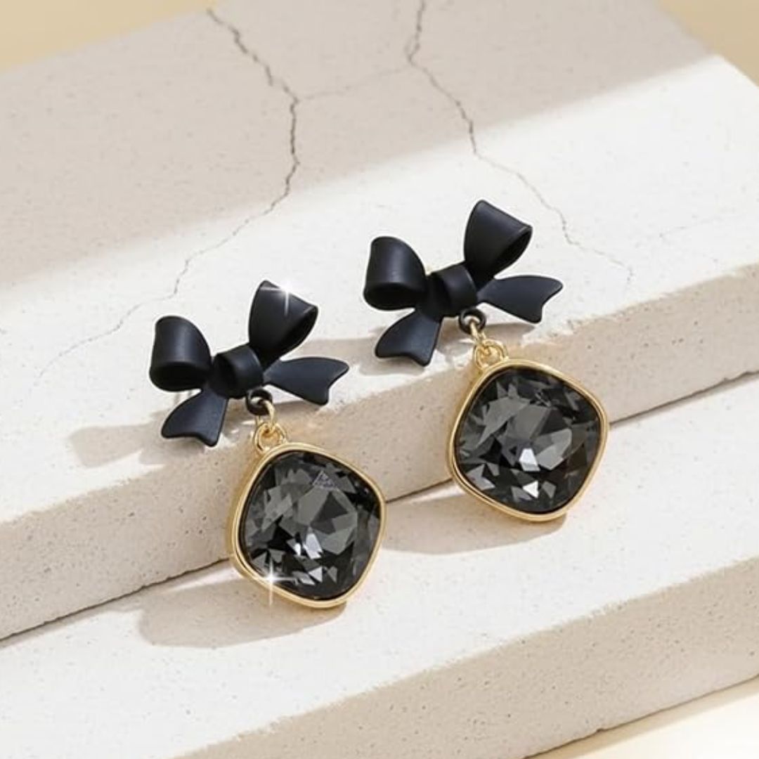 Gold Bow Crystal Drop Earrings