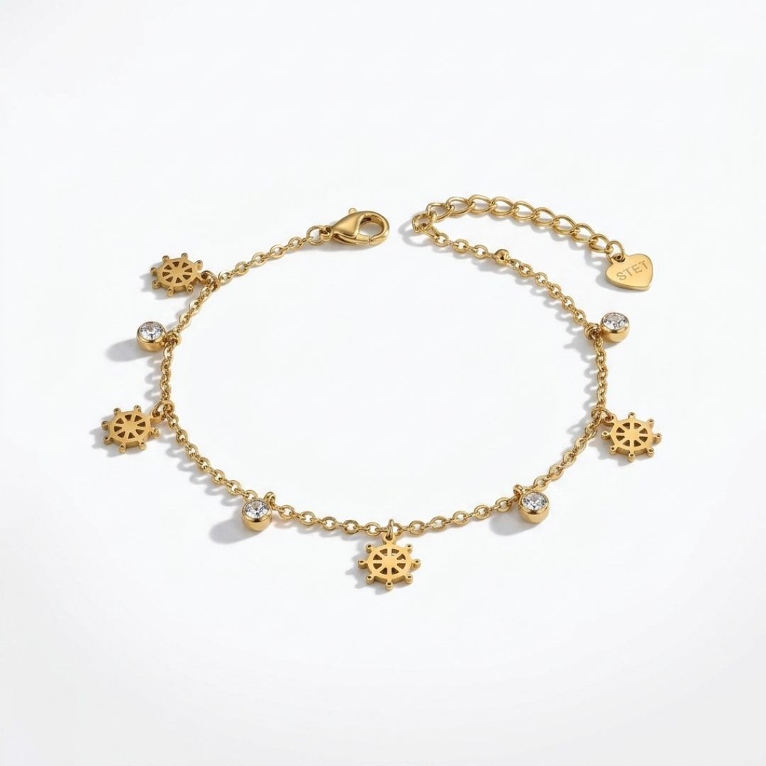 Gold Ship Wheel Charm Bracelet for Women | Crystal  Chain Bracelet