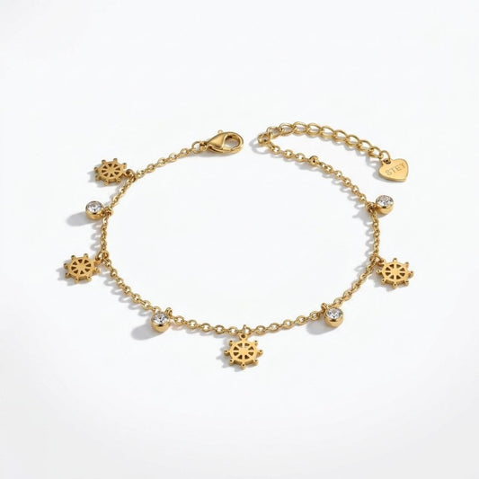 Gold Ship Wheel Charm Bracelet for Women | Crystal  Chain Bracelet