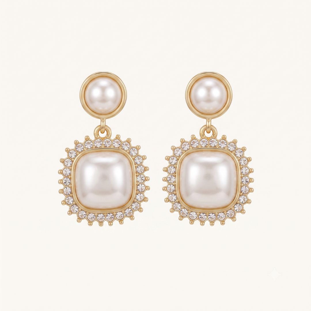 Vintage Pearl Halo Drop Earrings for Women | Gold Crystal Statement Earrings