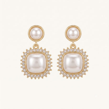 Vintage Pearl Halo Drop Earrings for Women | Gold Crystal Statement Earrings