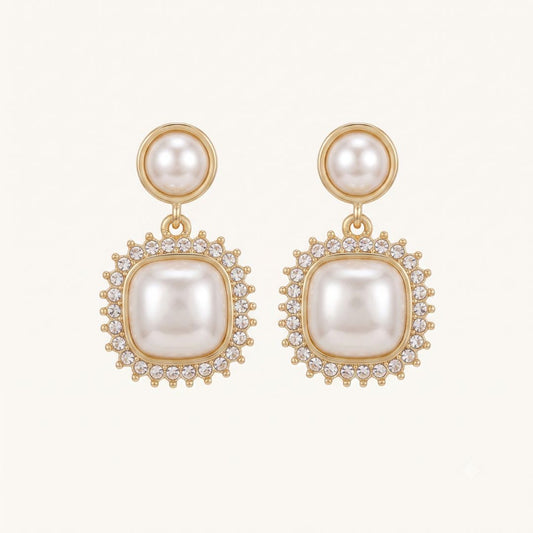 Vintage Pearl Halo Drop Earrings for Women | Gold Crystal Statement Earrings