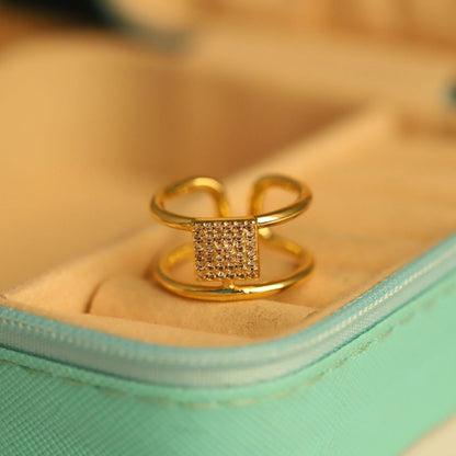 Adjustable Square Motif Double Band Ring for Women | Gold Plated CZ Ring | Geometric Open Ring