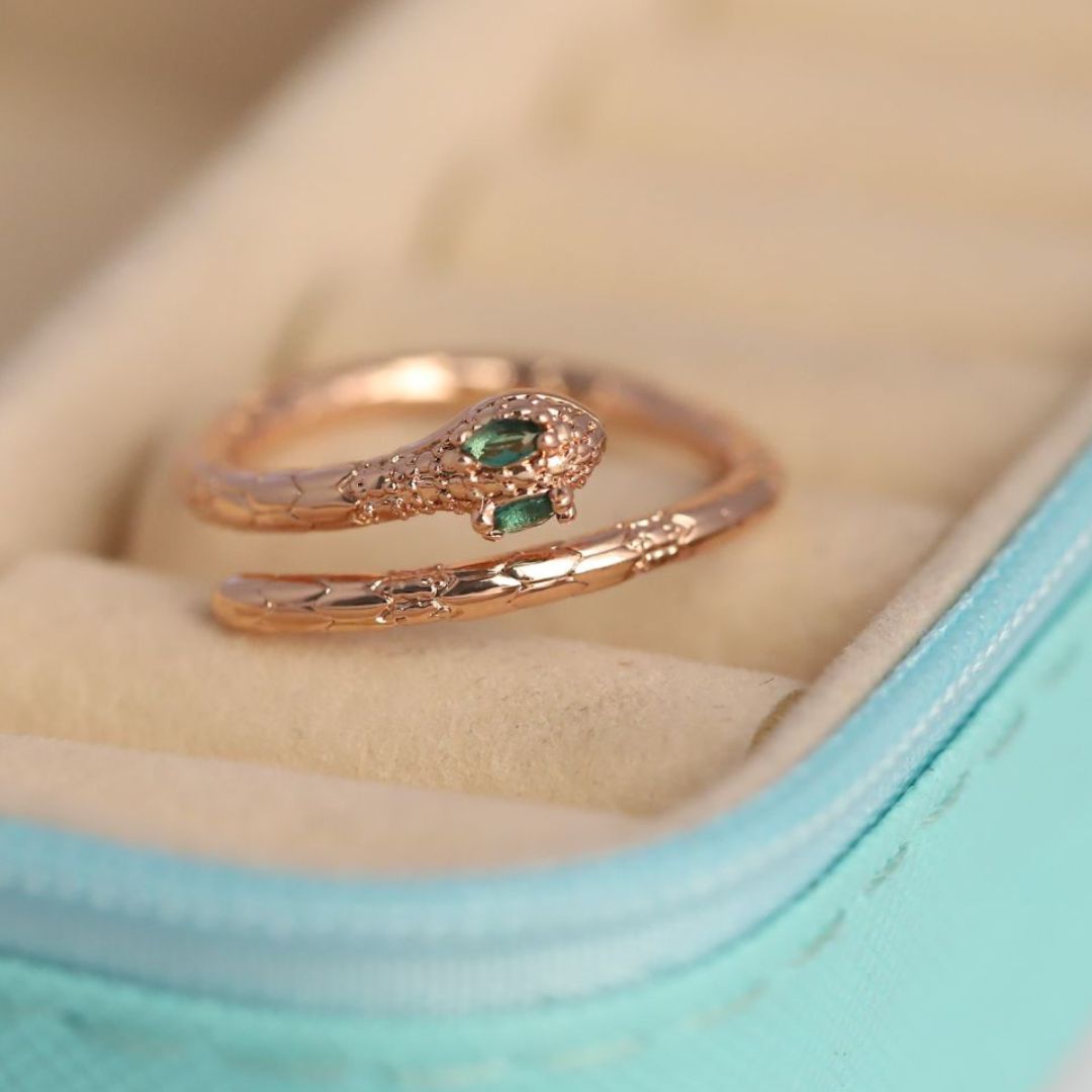 Adjustable Snake Ring for Women | Rose Gold Plated Serpent Ring with Green Stone Eyes