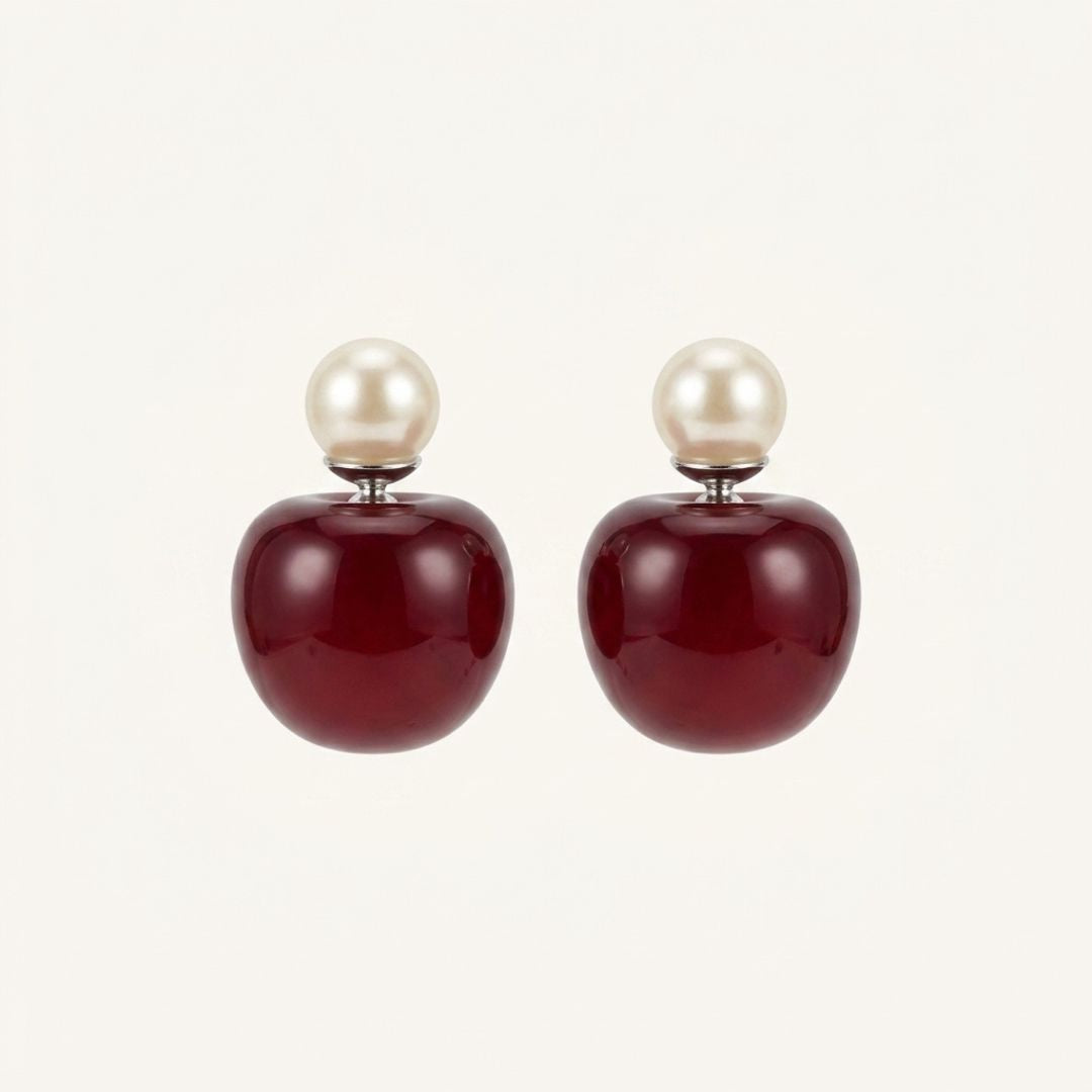 Cherry Pearl Drop Earrings | Minimal Red Bead Statement Earrings