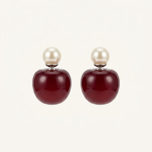 Cherry Pearl Drop Earrings | Minimal Red Bead Statement Earrings