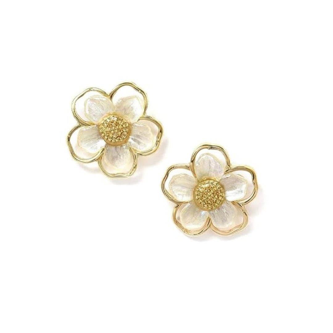 White Floral Pearl Enamel Stud Earrings for Women | Gold-Tone Flower Earrings