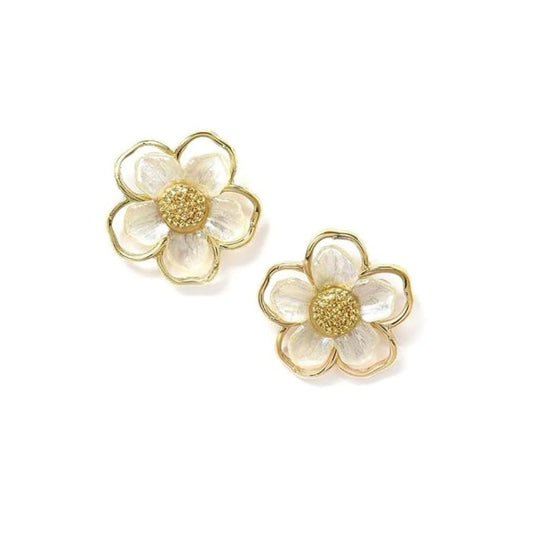 White Floral Pearl Enamel Stud Earrings for Women | Gold-Tone Flower Earrings