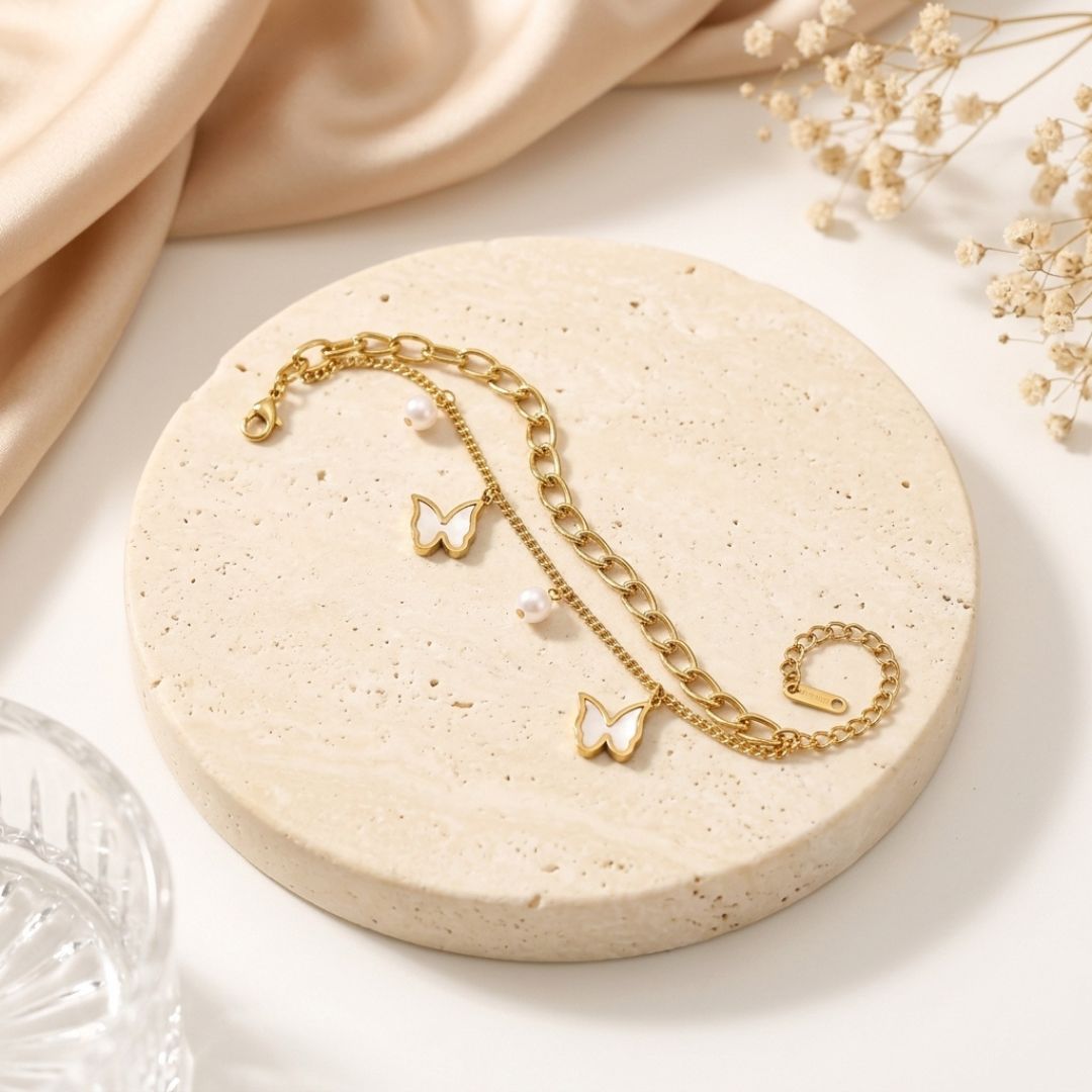 Pearl Butterfly Chain Bracelet for Women | Gold-Tone Layered Charm Bracelet