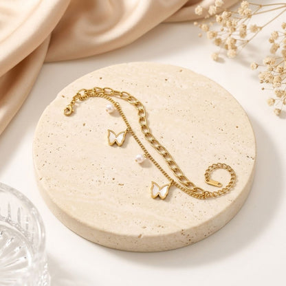 Pearl Butterfly Chain Bracelet for Women | Gold-Tone Layered Charm Bracelet