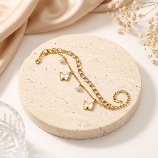 Pearl Butterfly Chain Bracelet for Women | Gold-Tone Layered Charm Bracelet
