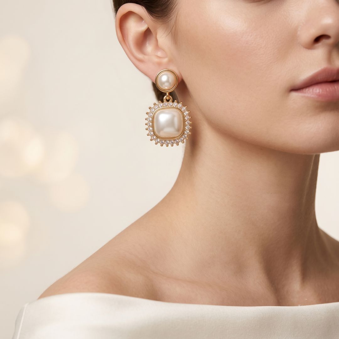 Vintage Pearl Halo Drop Earrings for Women | Gold Crystal Statement Earrings