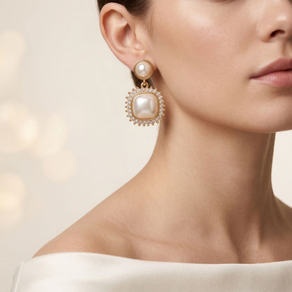 Vintage Pearl Halo Drop Earrings for Women | Gold Crystal Statement Earrings