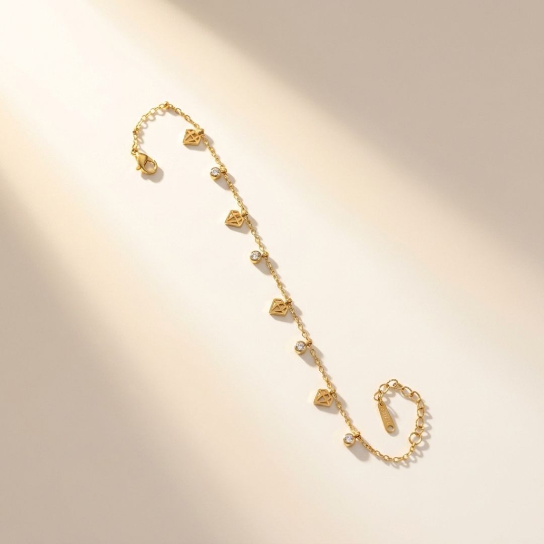 Diamond Charm Chain Bracelet for Women | Gold-Tone Crystal Link Bracelet | PRIONORI