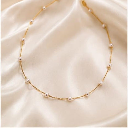 Pearl Station Necklace for Women | Gold Plated Chain with White Pearl Beads