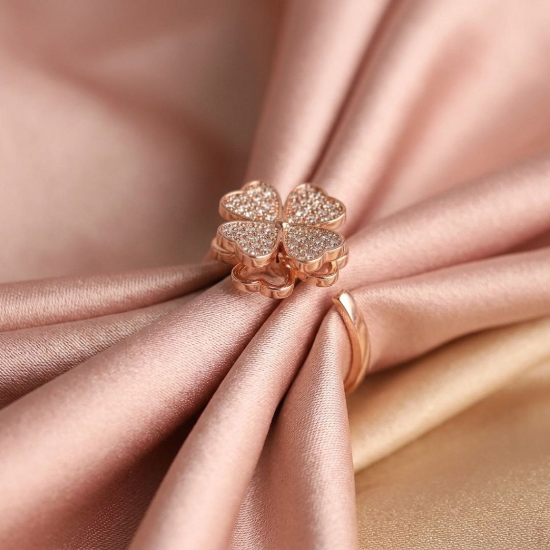 Adjustable Four Leaf Clover Ring for Women | Rose Gold Plated Ring with Sparkling CZ Stones