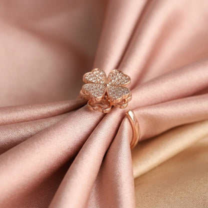 Adjustable Four Leaf Clover Ring for Women | Rose Gold Plated Ring with Sparkling CZ Stones