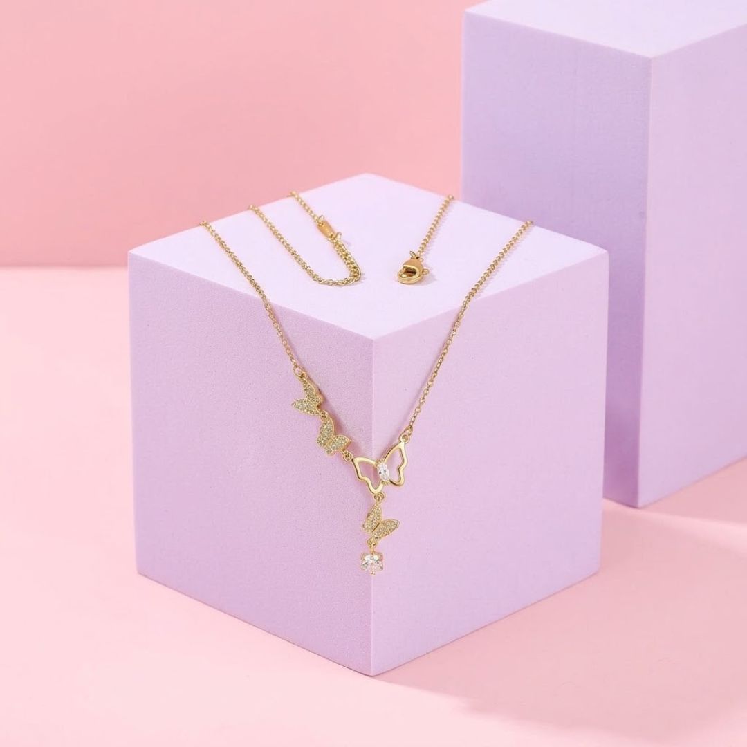 Butterfly Long Anti Tarnish Layered Necklace for Women | Gold Tone Multi-Strand Necklace