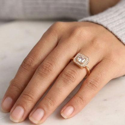 Adjustable Square Halo Solitaire Ring for Women | Gold Plated Cushion Cut CZ Ring