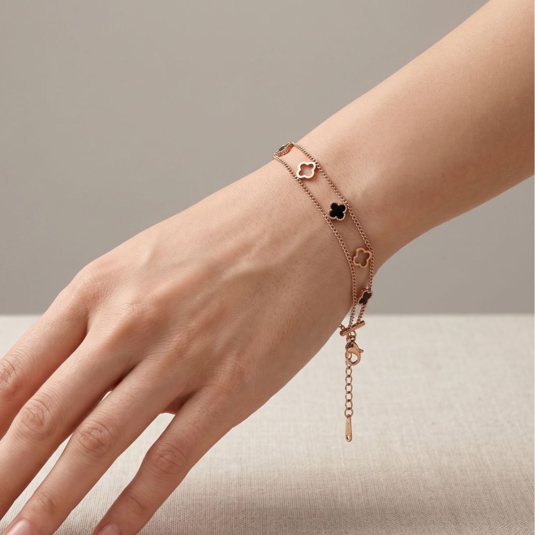 Clover Chain Bracelet for Women | Gold-Tone Double Layer Charm Bracelet