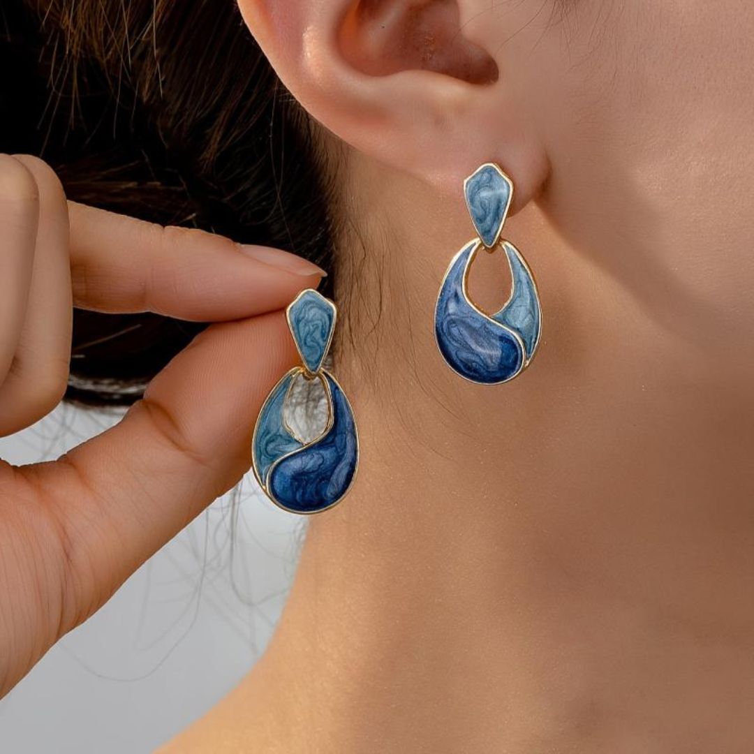 Ocean Swirl Blue Enamel Drop Earrings