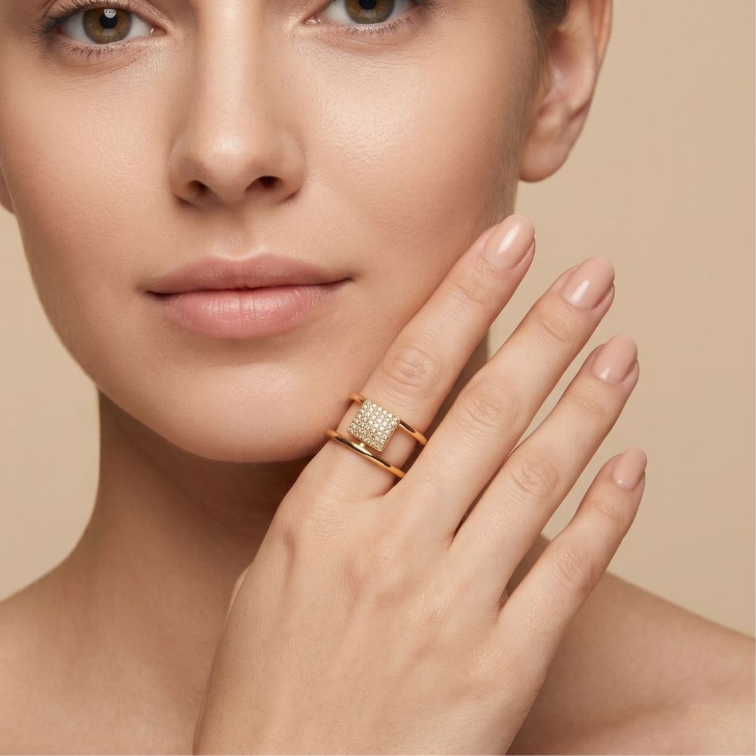 Adjustable Square Motif Double Band Ring for Women | Gold Plated CZ Ring | Geometric Open Ring